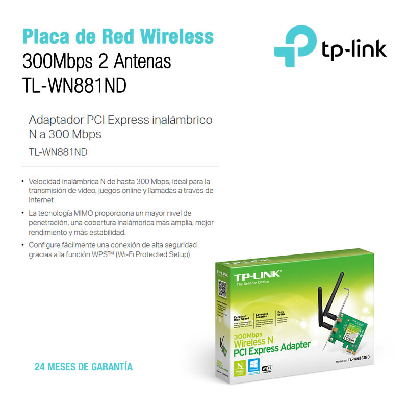 Placa De Red Wireless-N Tp-Link- (TL-WN881ND) 300Mbps 2 Antenas