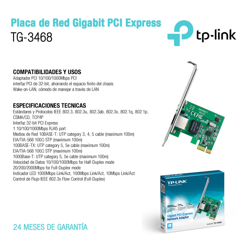 Placa De Red TG-3468 PCIe 10/100/1000Mbps C/Low Profile Bracket
