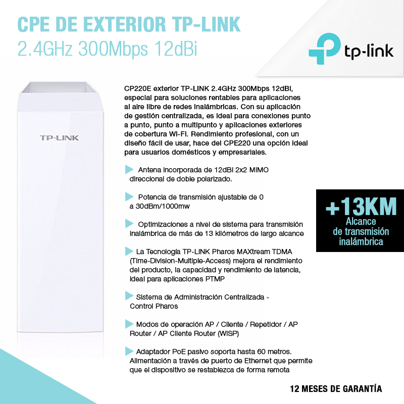 CPE De Exterior Tp-Link 2.4GHz 300Mbps 12dBi (CPE220)
