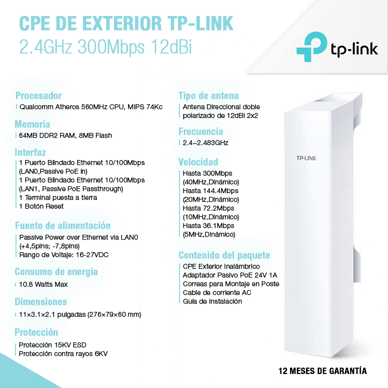 CPE De Exterior Tp-Link 2.4GHz 300Mbps 12dBi (CPE220)