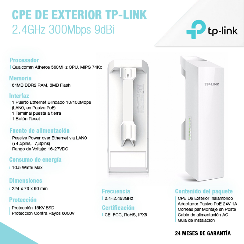 CPE De Exterior Tp-Link 2.4GHz 300Mbps 9dBi (CPE210)