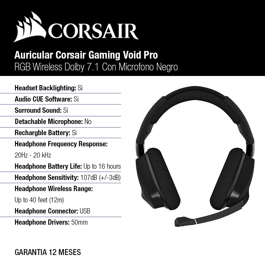 Auricular Corsair Gaming Void ELITE RGB Wireless Dolby 7.1 Con Microfono Negro