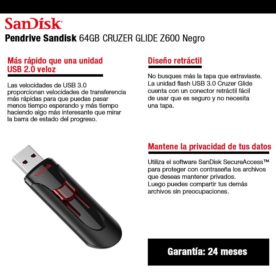 Pendrive Sandisk 64GBCRUZER GLIDE Z600 Negro
