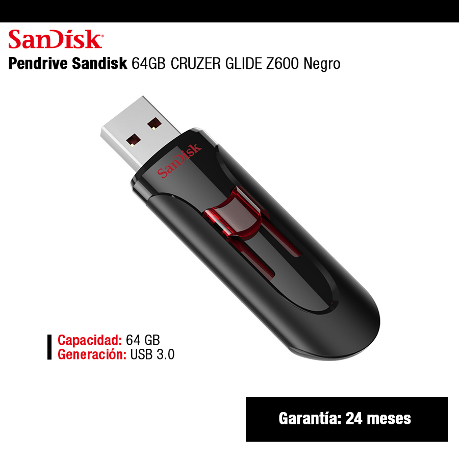 Pendrive Sandisk 64GBCRUZER GLIDE Z600 Negro