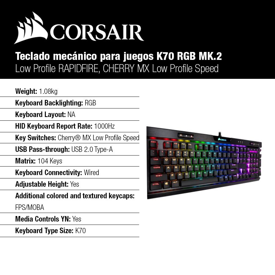 Teclado mecánico para juegos Corsair K70 RGB MK2 Low Profile CORSAIR