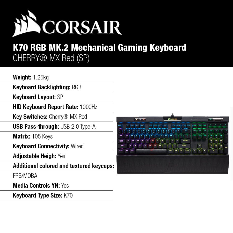 TECLADO CORSAIR K70 RGB MK.2 CHERRY MX RED (ESPAÑOL)