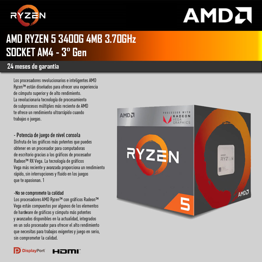 Microprocesador AMD Ryzen 5 3400G 6MB 3.70GHz Socket AM4 - 2da Gen