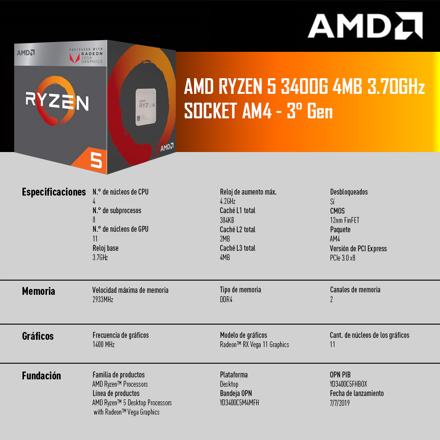 Microprocesador AMD Ryzen 5 3400G 6MB 3.70GHz Socket AM4 - 2da Gen