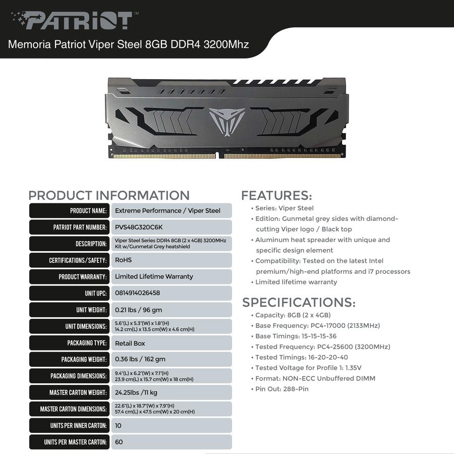 Memoria Ddr4 8 Gb 3200 Mhz Patriot Viper Steel