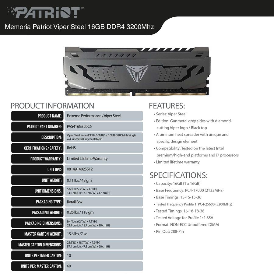 Memoria Ddr4 16 Gb 3200 Mhz Patriot Viper Steel