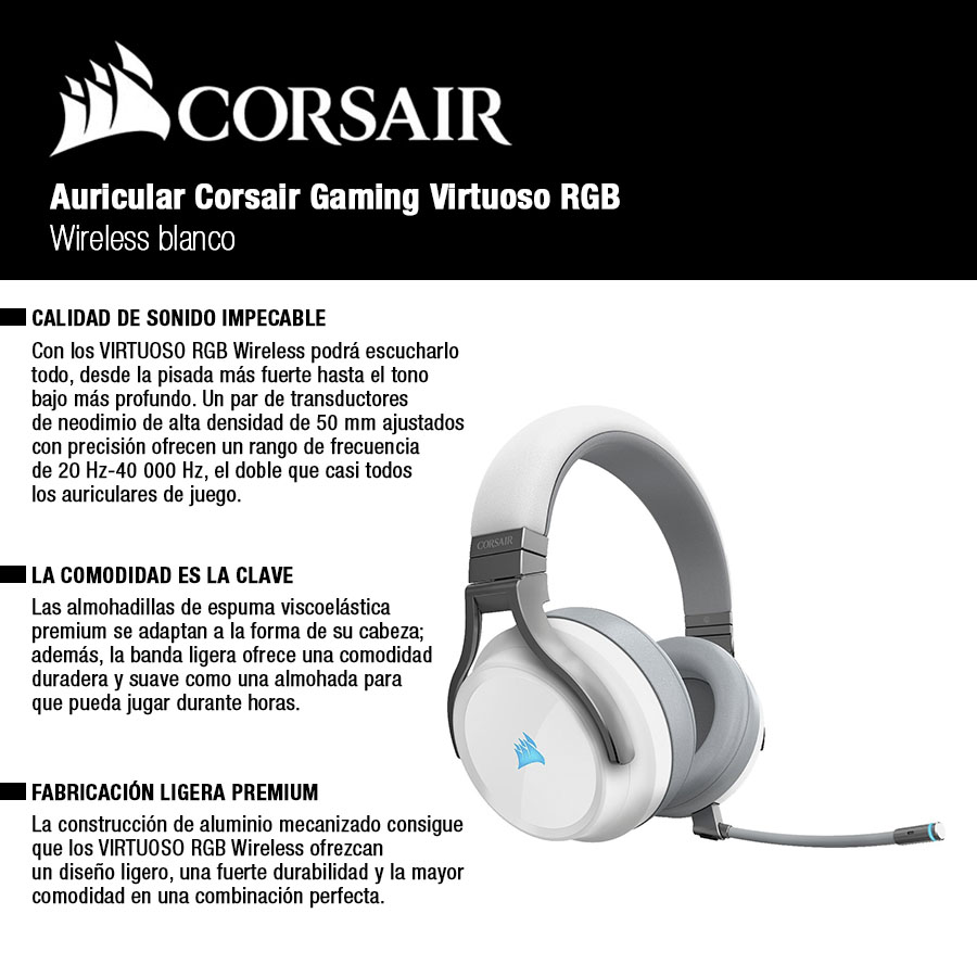 Auricular Corsair Gaming Virtuoso RGB Wireless Blanco