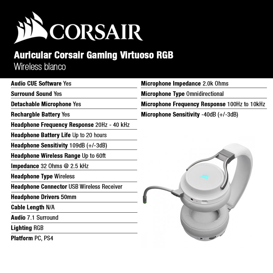 Auricular Corsair Gaming Virtuoso RGB Wireless Blanco