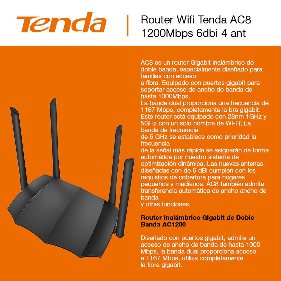 Router Tenda AC8 (AC1200-AC8) 4Ant 1200Mbps Negro