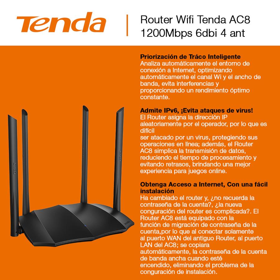 Router Tenda AC8 (AC1200-AC8) 4Ant 1200Mbps Negro
