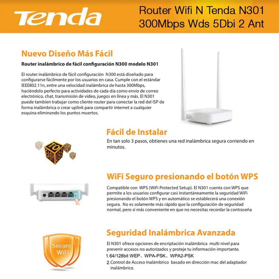 Router Wifi N Tenda N301 300Mbps Wds 5Dbi 2 Ant