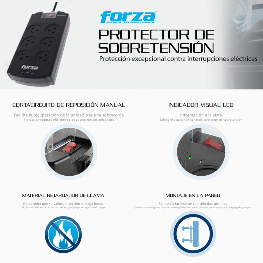 Protector De Sobretension Forza (FSP-602USB-A) 6 Tomas + 2 Usb