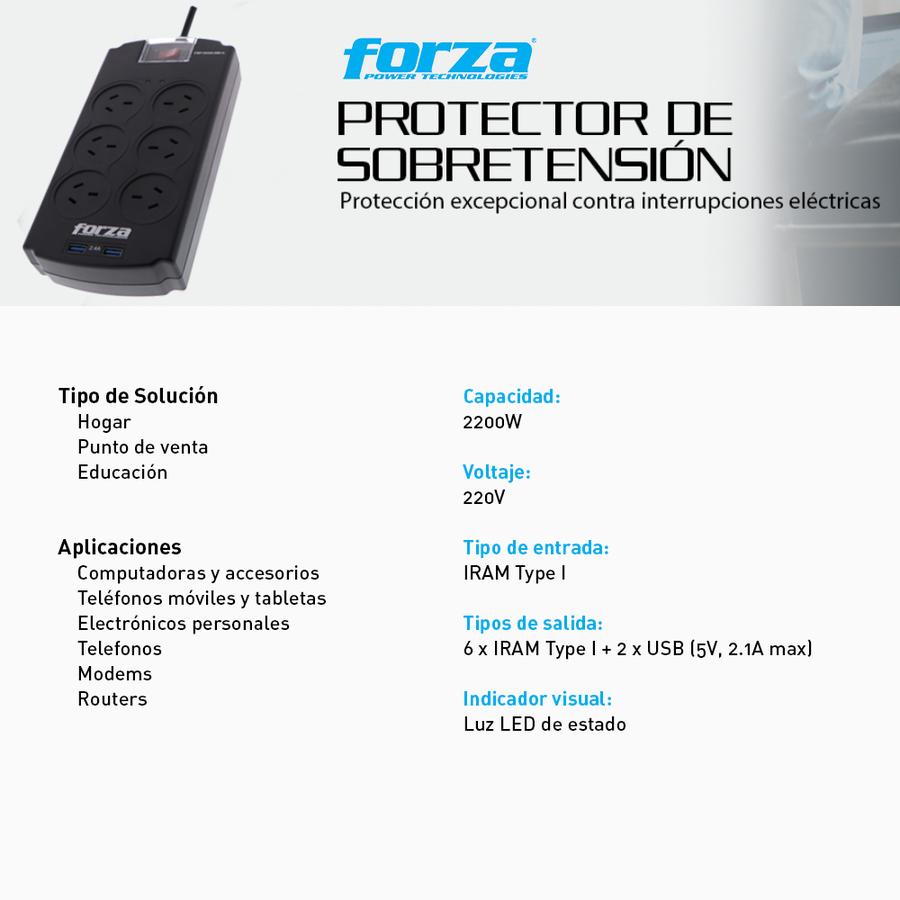 Protector De Sobretension Forza (FSP-602USB-A) 6 Tomas + 2 Usb