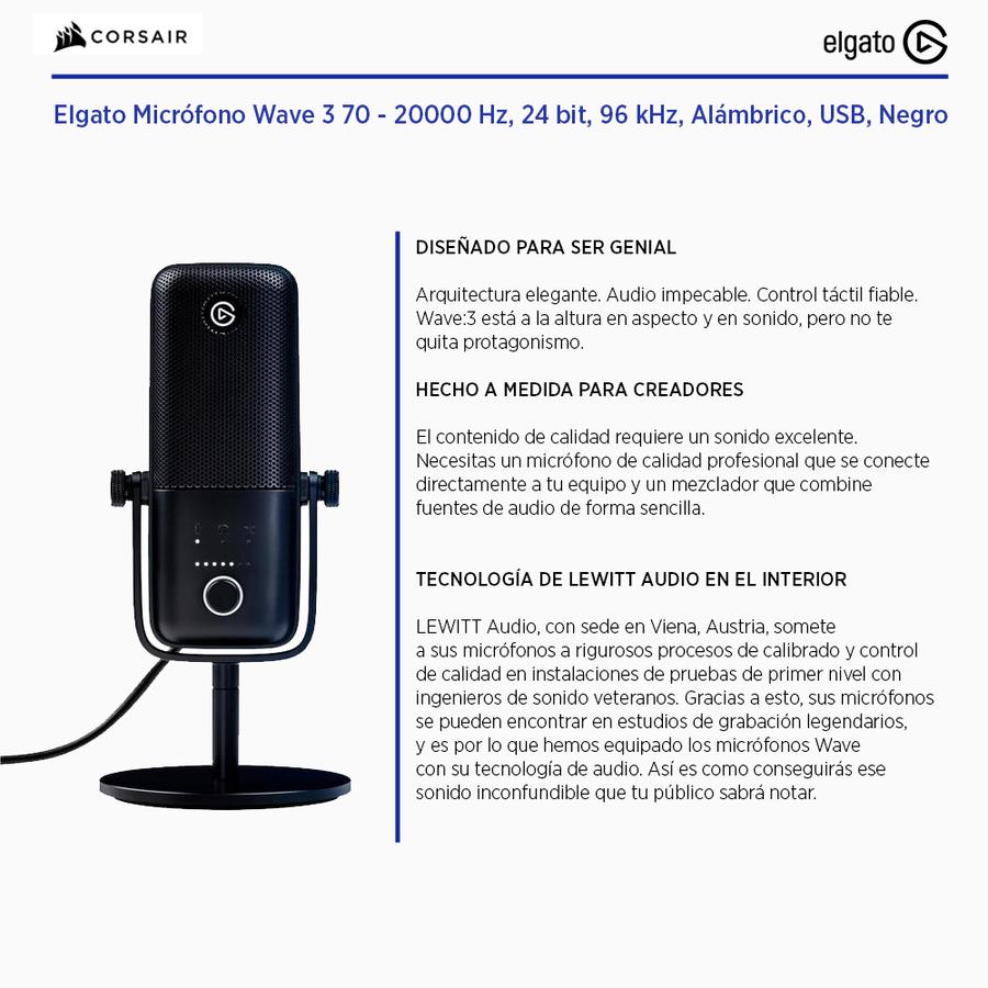 Elgato Micrófono Wave 3  70 - 20000 Hz, 24 Bit, 96 KHz, Alámbrico, USB, Negro