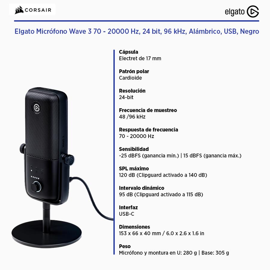 Elgato Micrófono Wave 3  70 - 20000 Hz, 24 Bit, 96 KHz, Alámbrico, USB, Negro