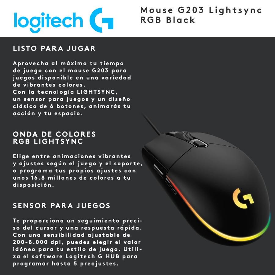 Mouse Gamer Usb Logitech Lightsync (G203) Negro