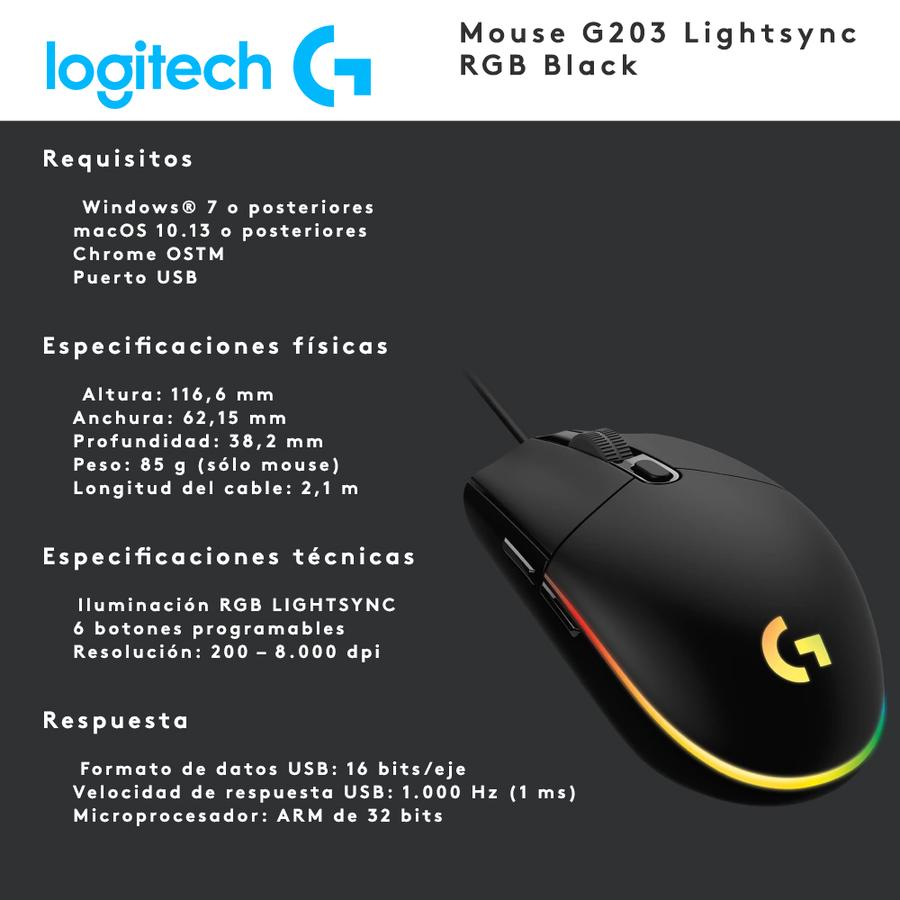 Mouse Gamer Usb Logitech Lightsync (G203) Negro
