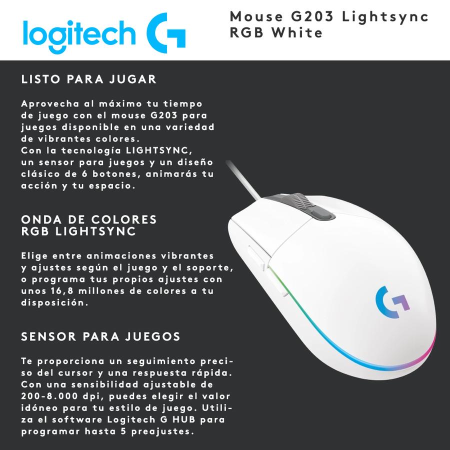 Mouse Gamer Usb Logitech Lightsync (G203) Blanco