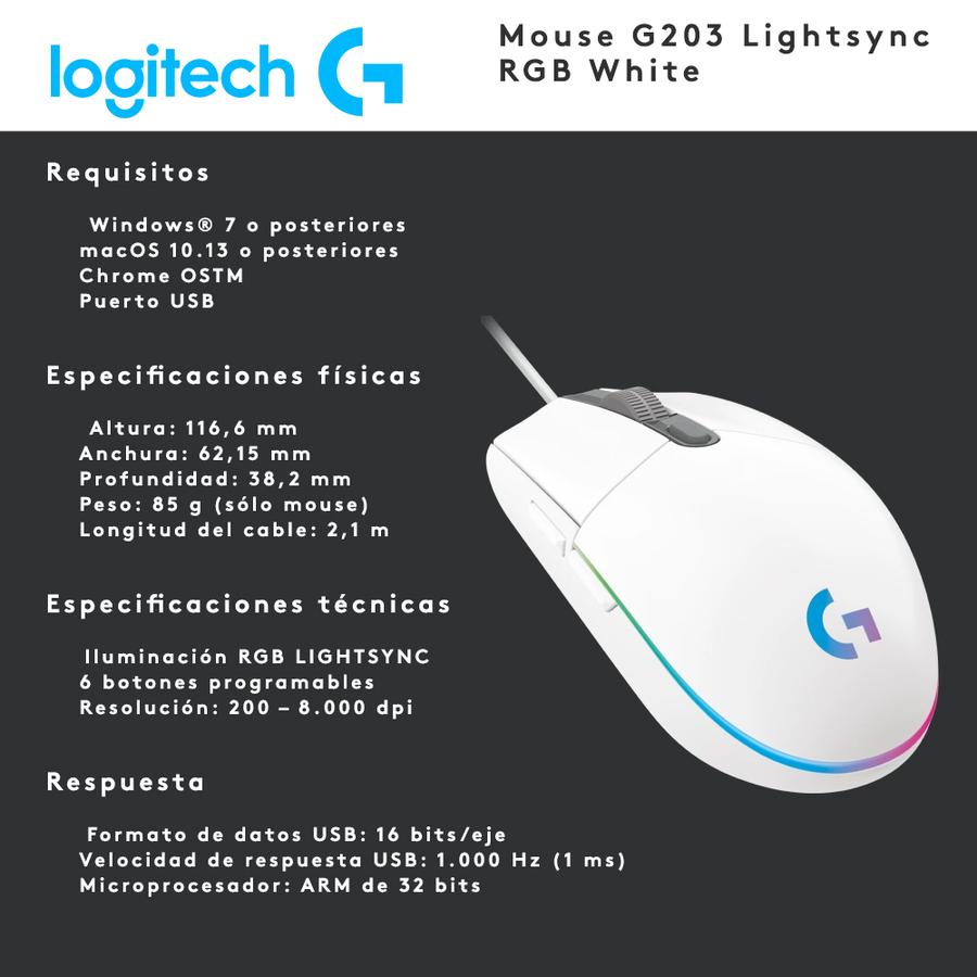 Mouse Gamer Usb Logitech Lightsync (G203) Blanco