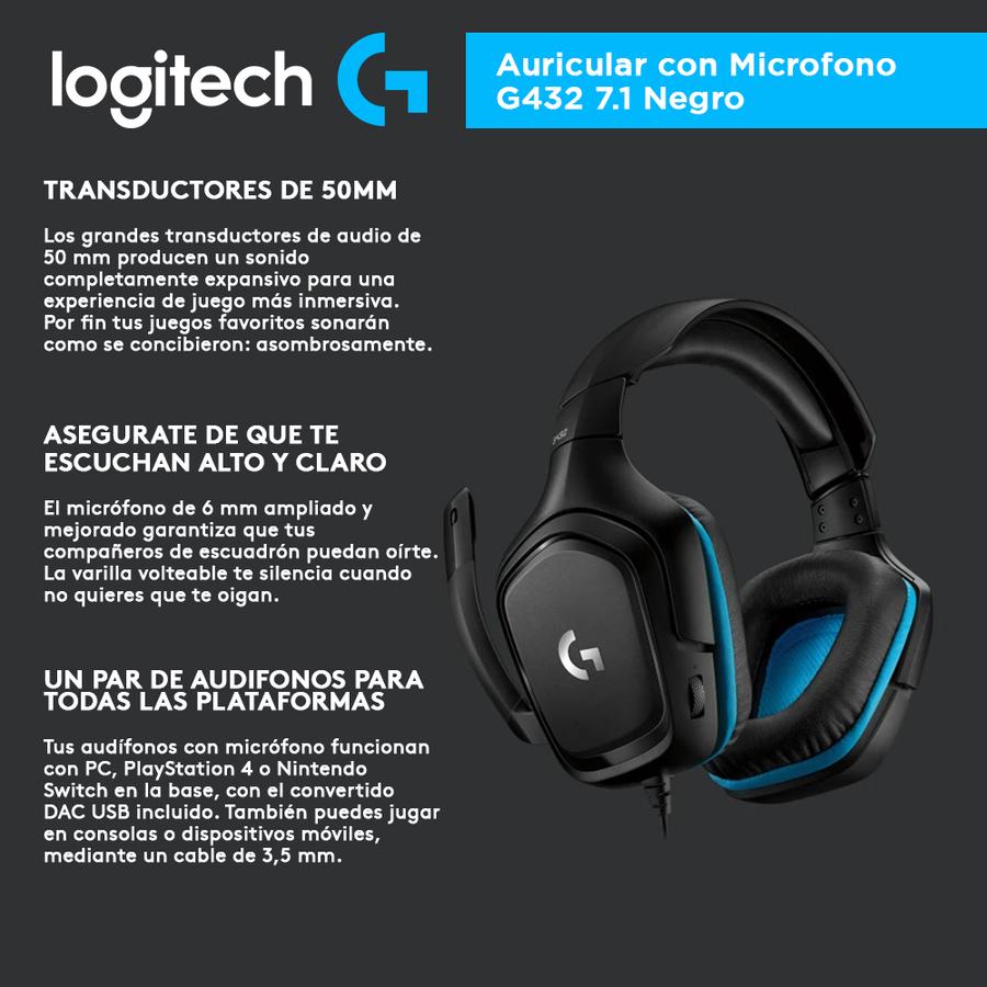 Auricular Con Microfono Logitech G432 7.1 Negro 981-000769