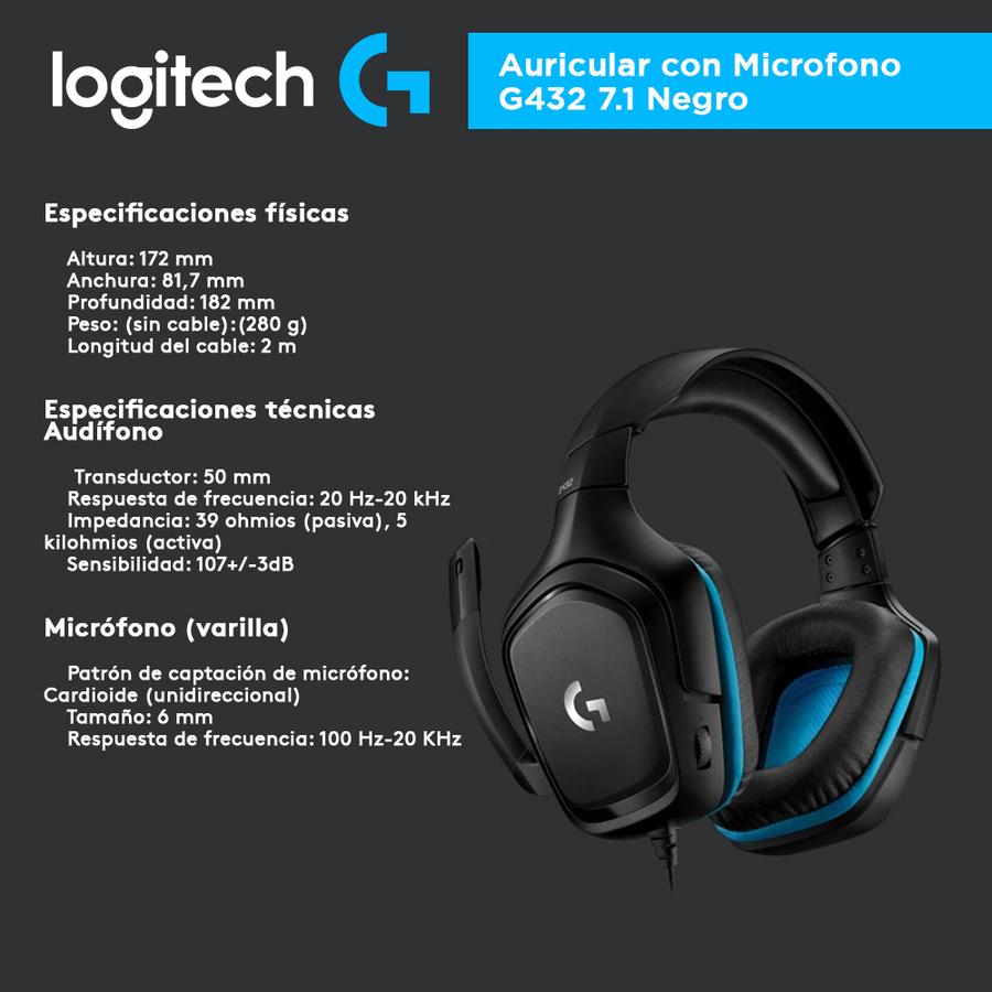 Auricular Con Microfono Logitech G432 7.1 Negro 981-000769