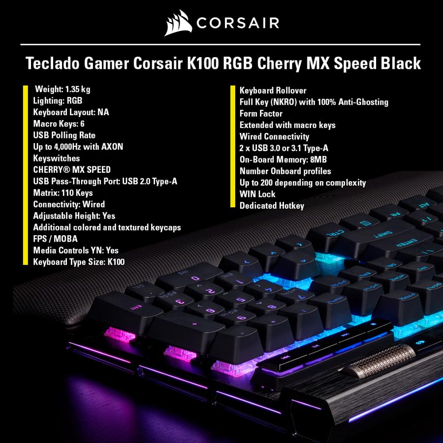 Teclado Gamer Corsair K100 RGB Cherry MX Speed Black