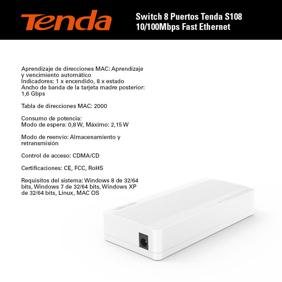 Switch 8 Puertos Tenda S108 10/100Mbps Fast Ethernet
