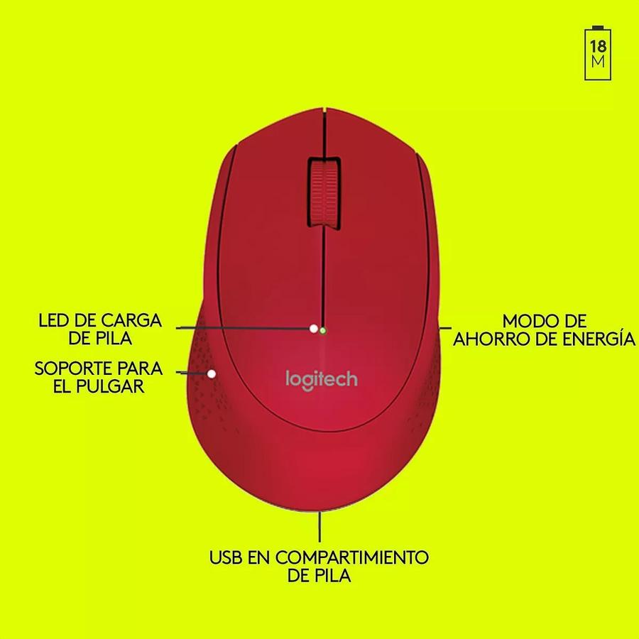 Mouse Inalámbrico Cómodo Diseño Curvo - Logitech M280, Rojo
