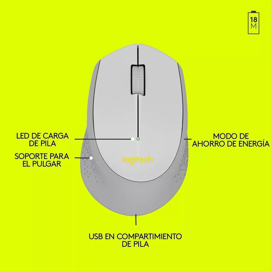 Mouse Inalámbrico Cómodo Diseño Curvo - Logitech M280, Gris