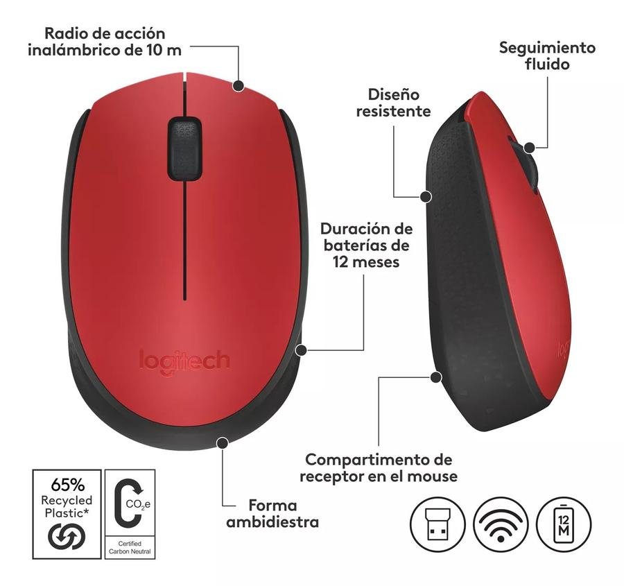 Mouse Inalámbrico Logitech (M170) Rojo