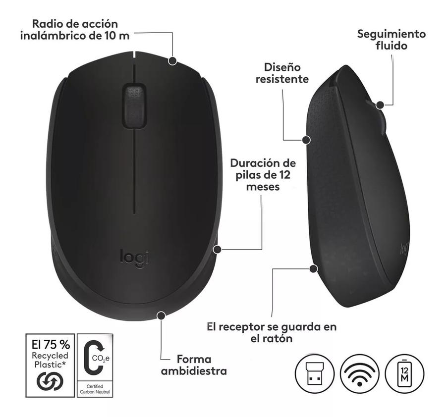 Mouse Inalámbrico Logitech (M170)  Negro