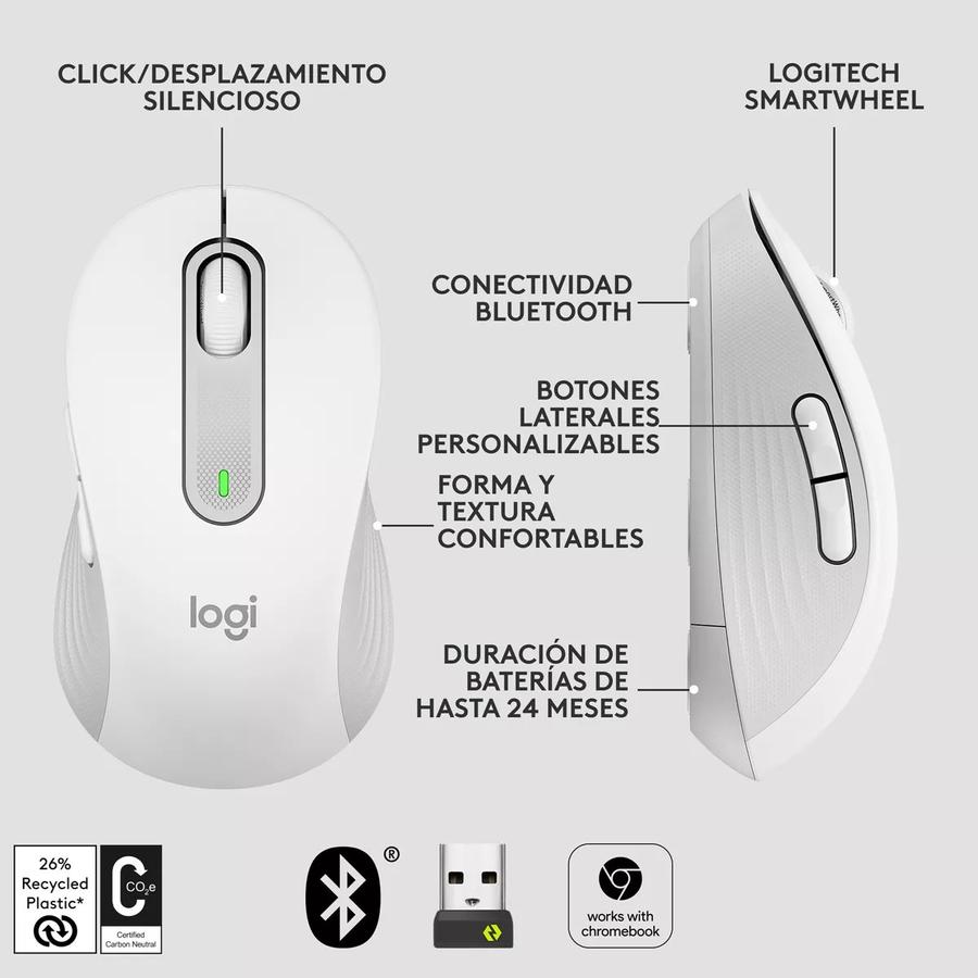 Mouse Optico Logitech Wireless M650 Large Blanco