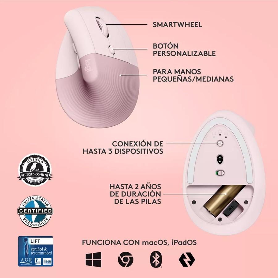Mouse Logitech Vertical Wireless Serie Ergo Lift Rosa