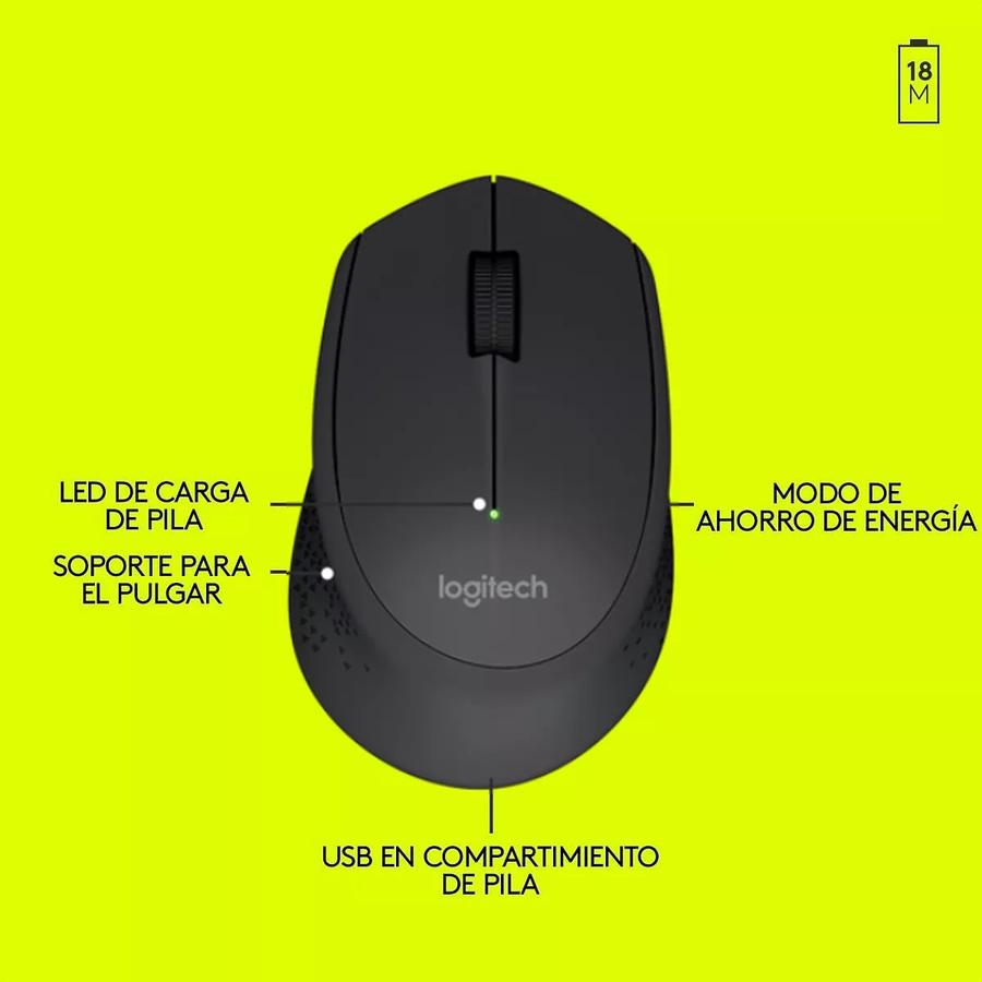 Mouse Inalámbrico Cómodo Diseño Curvo - Logitech M280, Negro