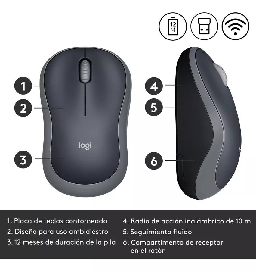 Mouse Inalámbrico Logitech M185, Win Mac Chrome Linux Gris