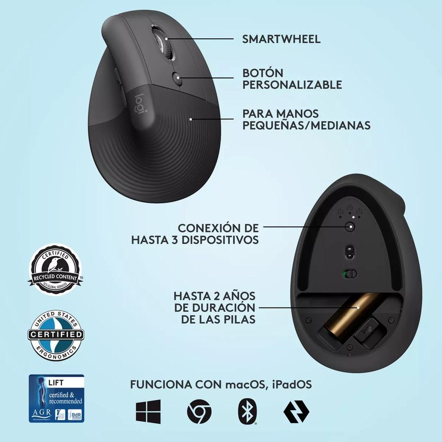 Mouse Ergonómico Logitech Lift Vertical Left  Avanzado Zurdo