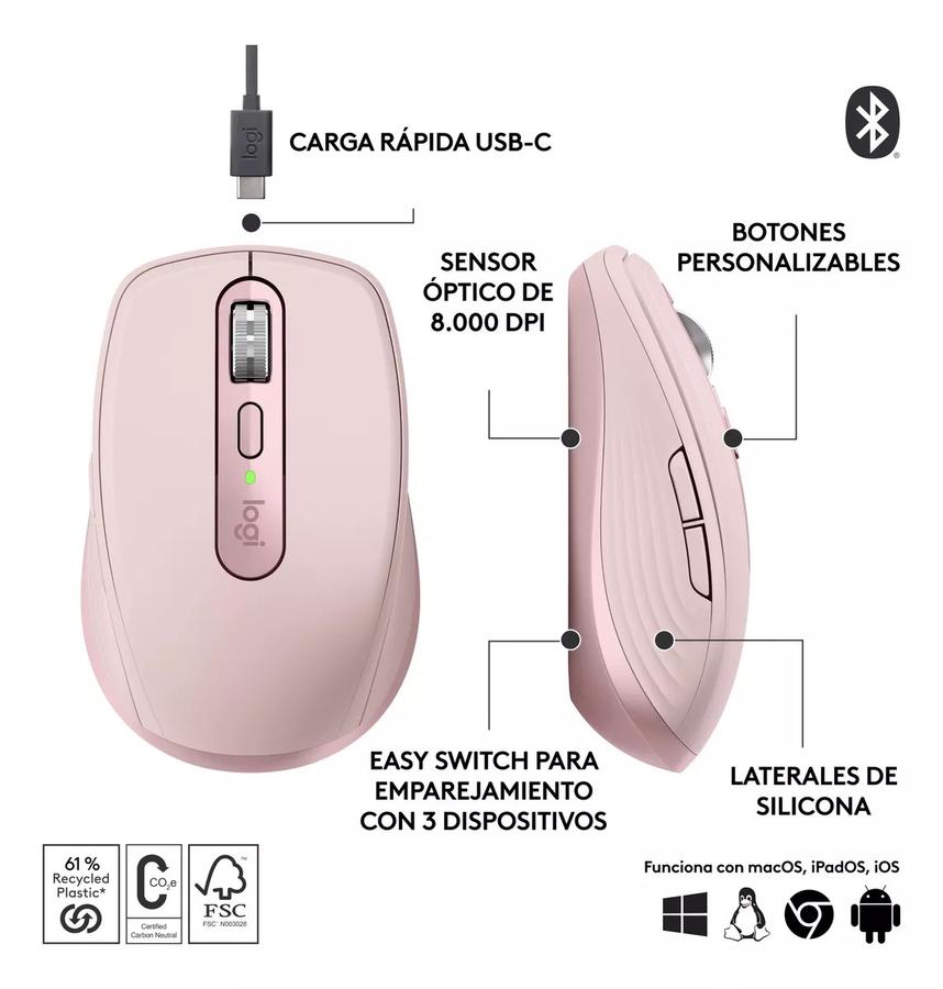 Mouse Logitech Mx Anywhere 3S, Compacto Avanzado Rosado