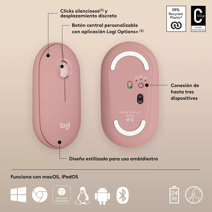 Mouse Logitech Pebble 2 M350S, Bluetooth Multidispositivo Rosa