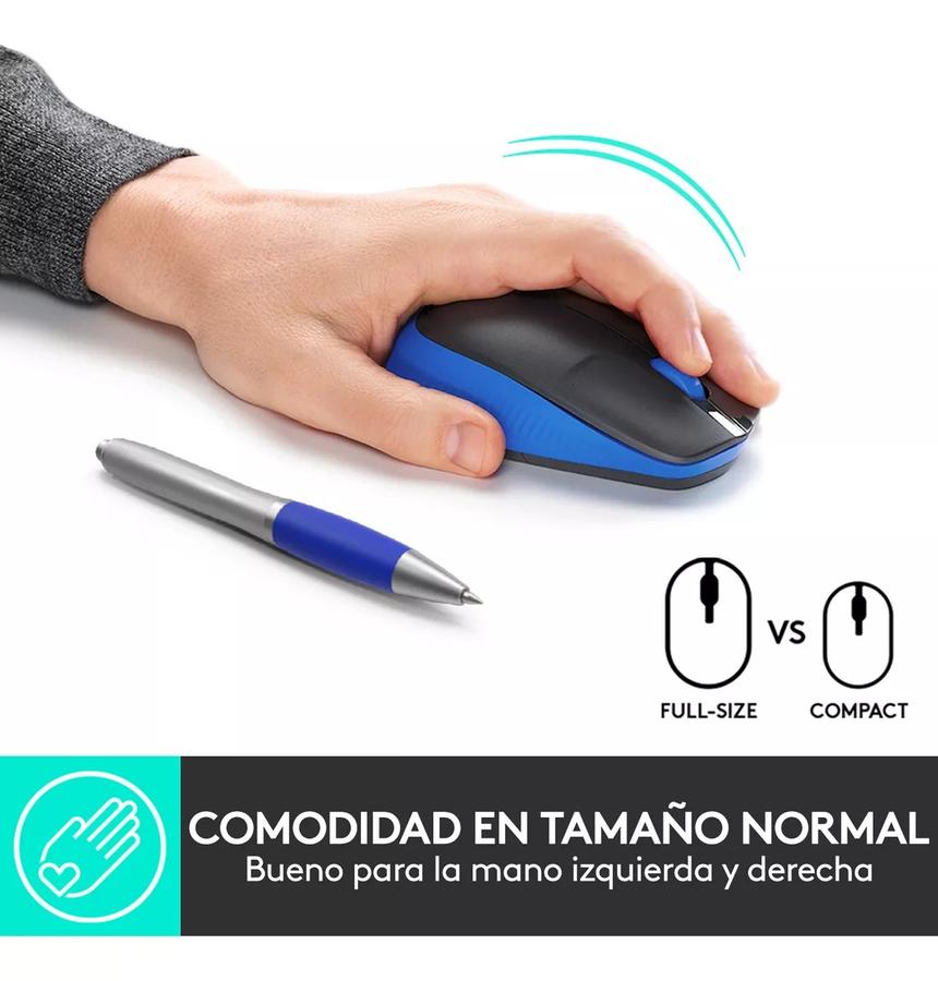 Mouse Inalámbrico Full-Size Logitech M190, Negro / Azul