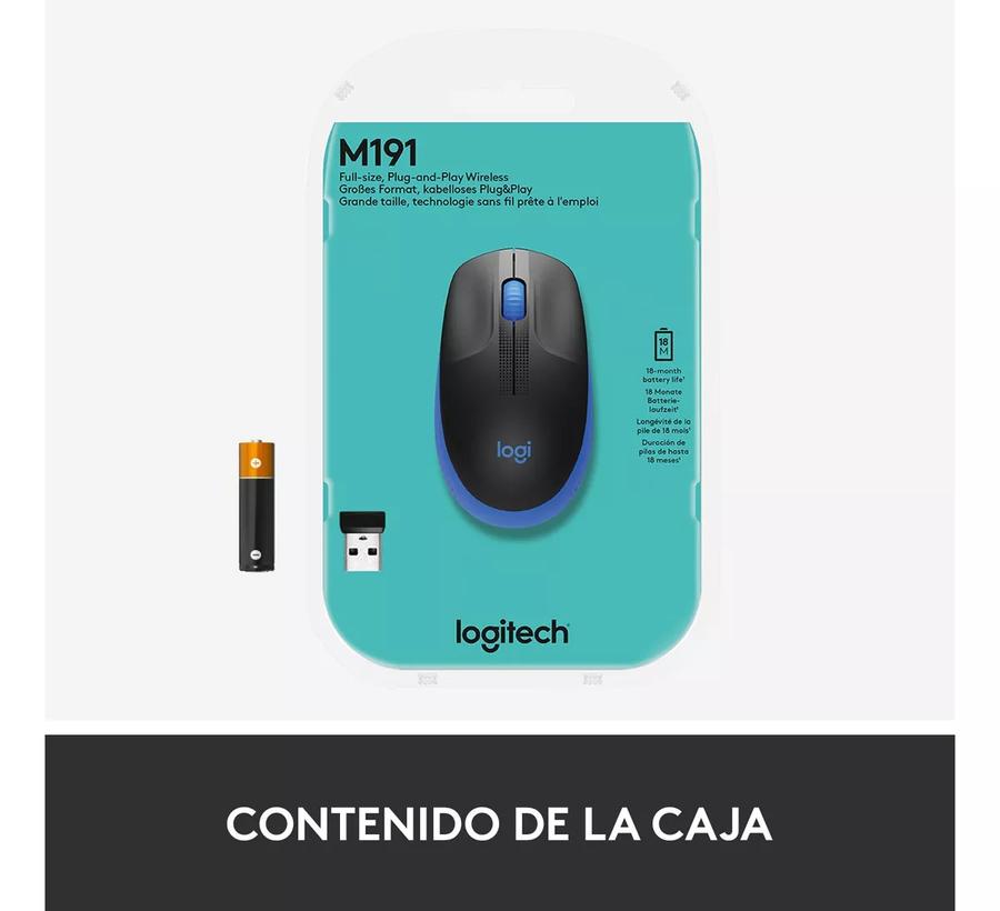 Mouse Inalámbrico Full-Size Logitech M190, Negro / Azul