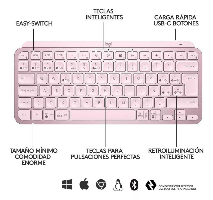 Teclado Logitech Wireless MX Keys Mini Rose Retroiluminado