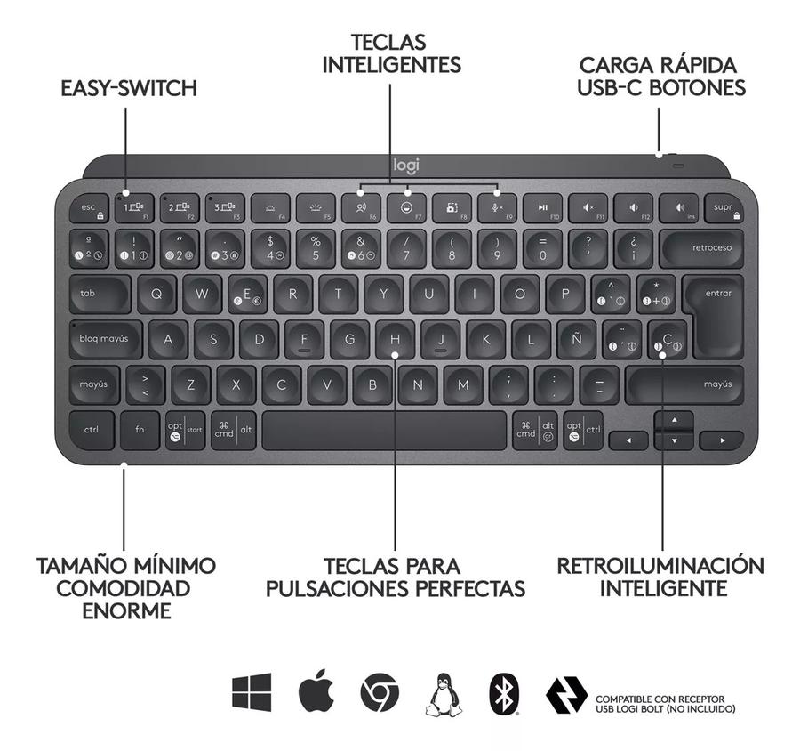 Teclado Logitech Wireless MX Keys Mini Black Retroiluminado