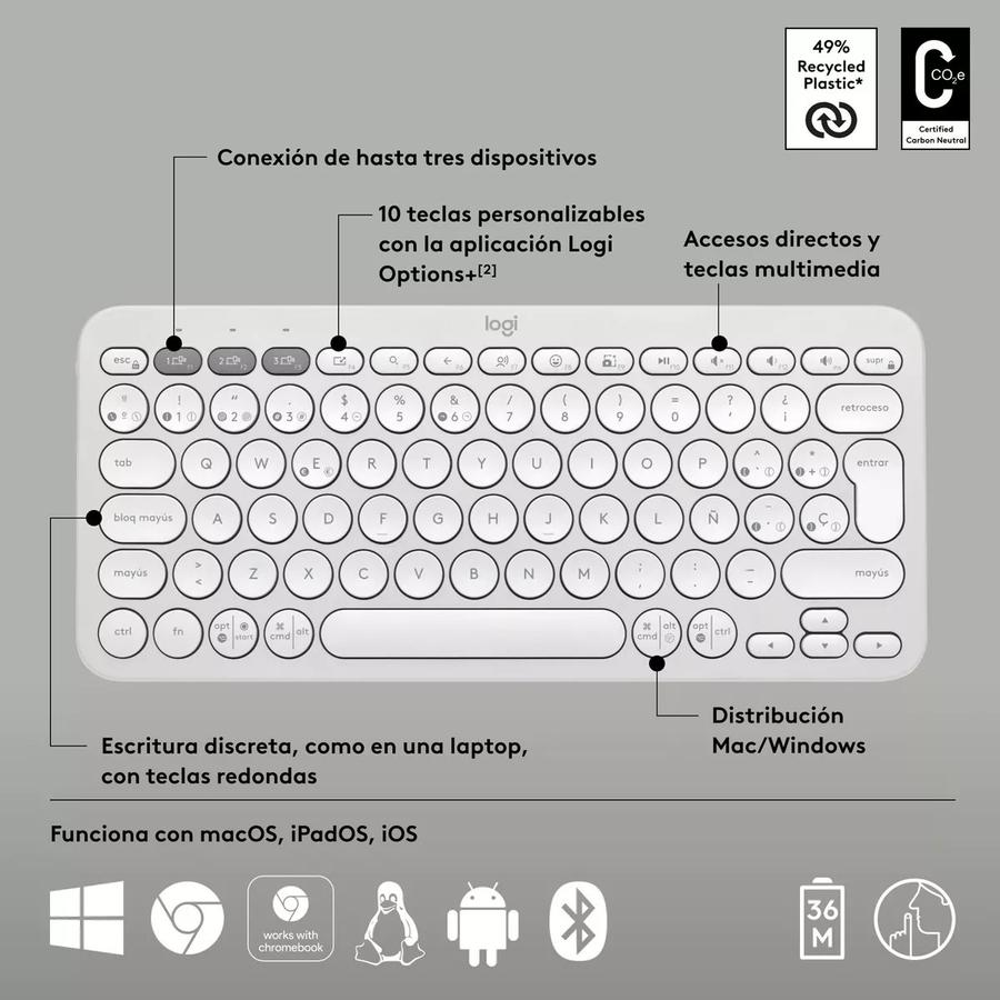Teclado Multidispositivo Logitech Pebble Keys 2 K380S Blanco