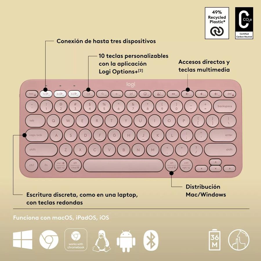 Teclado Multidispositivo Logitech Pebble Keys 2 K380S Rosa