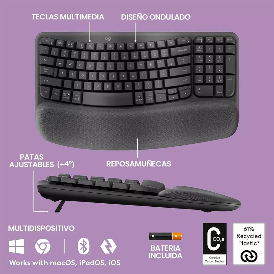 Teclado Ergonómico Inalámbrico Bluetooth Logitech Wave Keys Negro