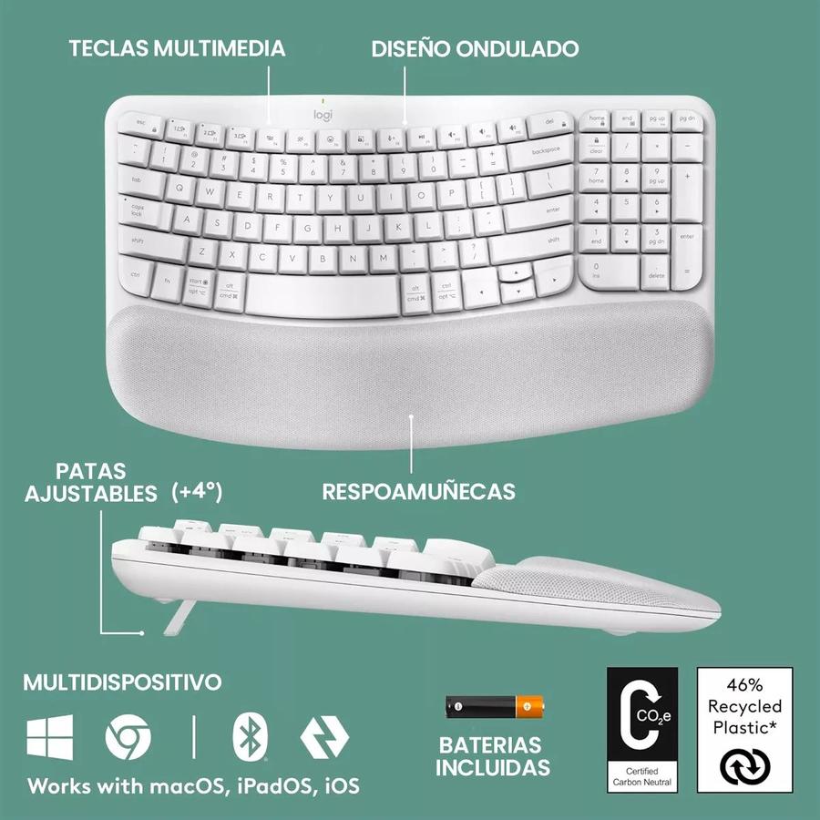 Teclado Ergonómico Inalámbrico, Logitech Wave Keys, Blanco
